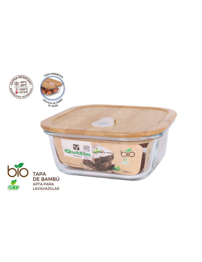 CAIXA VIDRO C/TAMPA BAMBU QUAD. QUTTIN BIO 16*16CM - QT-BM24937