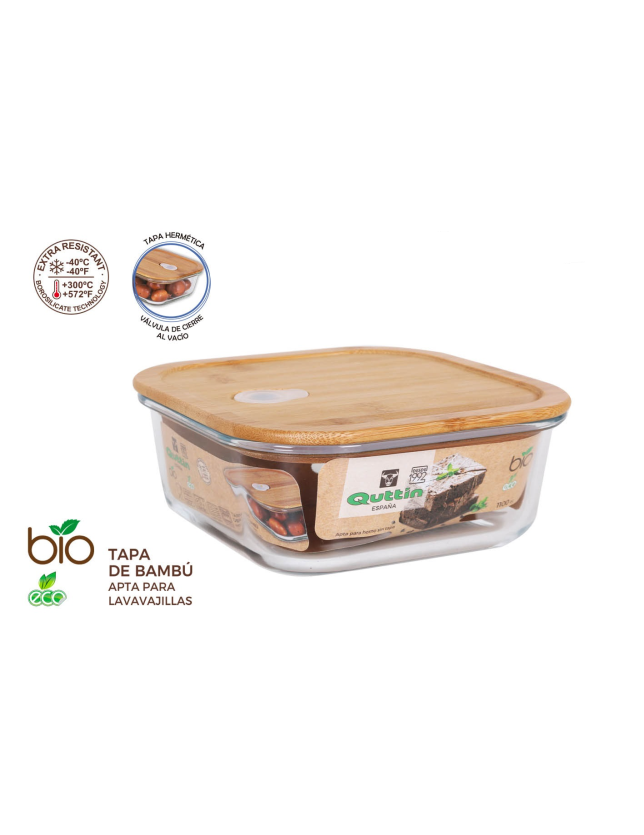 CAIXA VIDRO C/TAMPA BAMBU QUAD. QUTTIN BIO 18.5*18.5CM - QT-BM24938