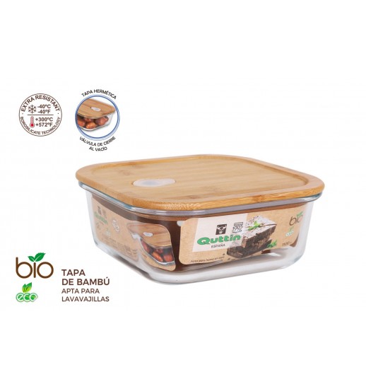 CAIXA VIDRO C/TAMPA BAMBU QUAD. QUTTIN BIO 18.5*18.5CM - QT-BM24938