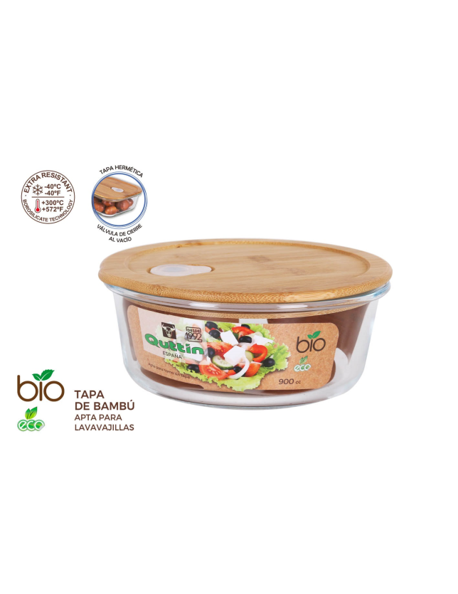 CAIXA VIDRO C/TAMPA BAMBU REDONDA QUTTIN BIO 17CM - QT-BM24942
