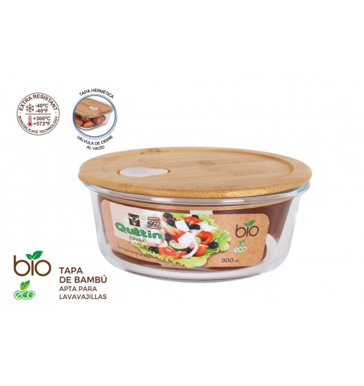 CAIXA VIDRO C/TAMPA BAMBU REDONDA QUTTIN BIO 17CM - QT-BM24942