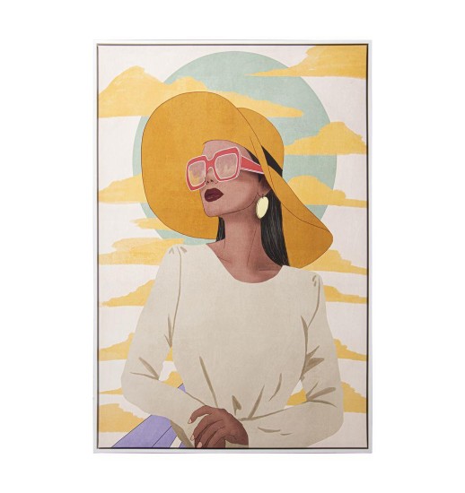 QUADRO TELA MULHER CHAPEU AMARELO...